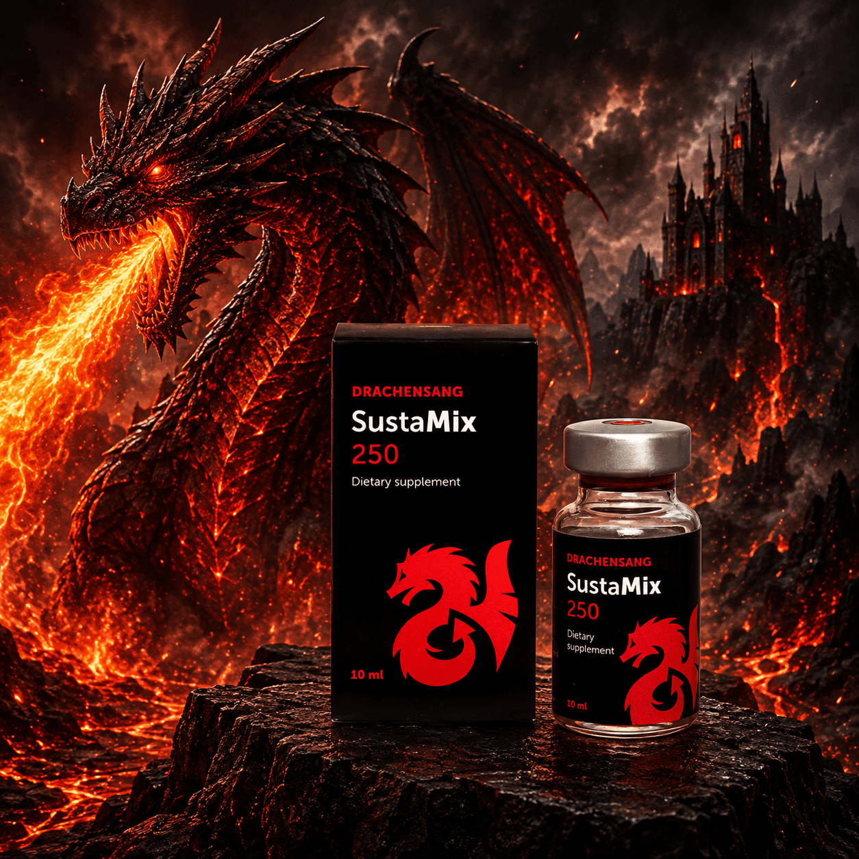 Susta Mix 250 premium supplement container from Drachensang with a red dragon logo – Advanced multi-component fluid formula with trace minerals and activators for targeted sports nutrition evaluation