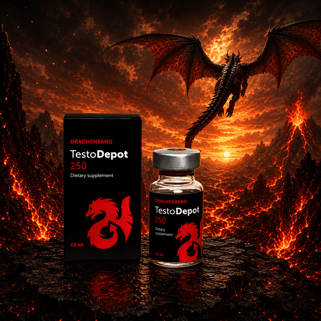 Testo Depot 250 premium supplement container from Drachensang with a red dragon logo – High-concentration fluid formula with zinc and mineral co-factors for targeted sports nutrition evaluation