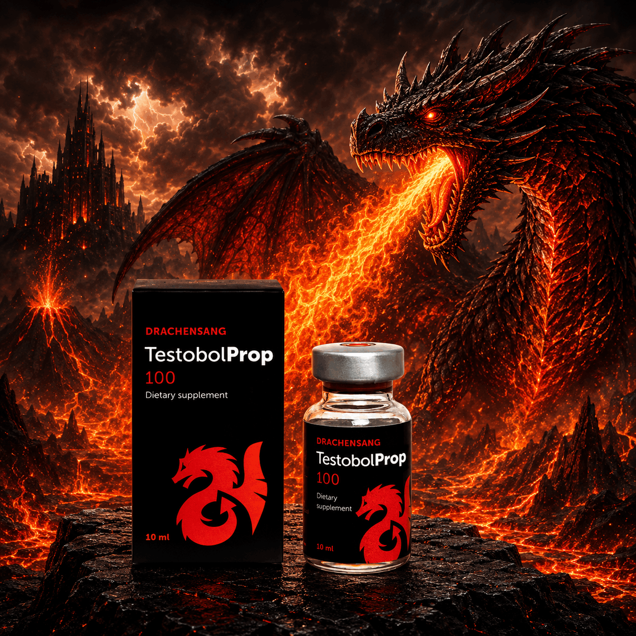 Testobol Prop 100 premium supplement container from Drachensang with a red dragon logo – Fast-acting fluid formula with zinc and mineral activators for targeted sports nutrition evaluation