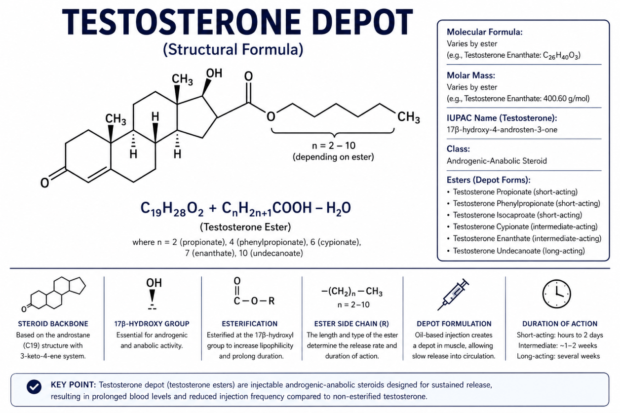 Structural formula of testosterone, the active substance in testosterone depot preparations, showing the molecular structure of the androgenic steroid hormone.