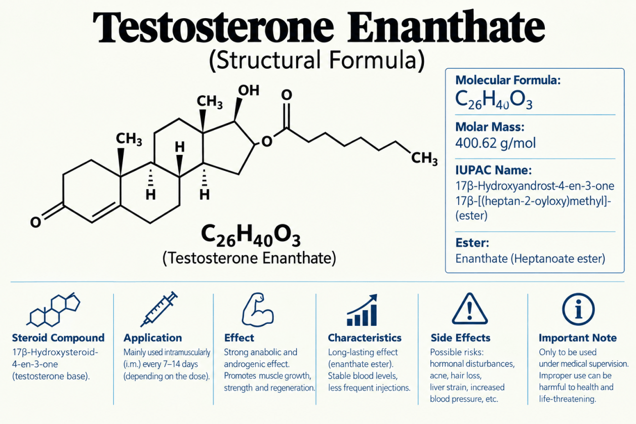 Structural formula of Testosterone Enanthate, showing the molecular structure of the longer-acting testosterone ester.