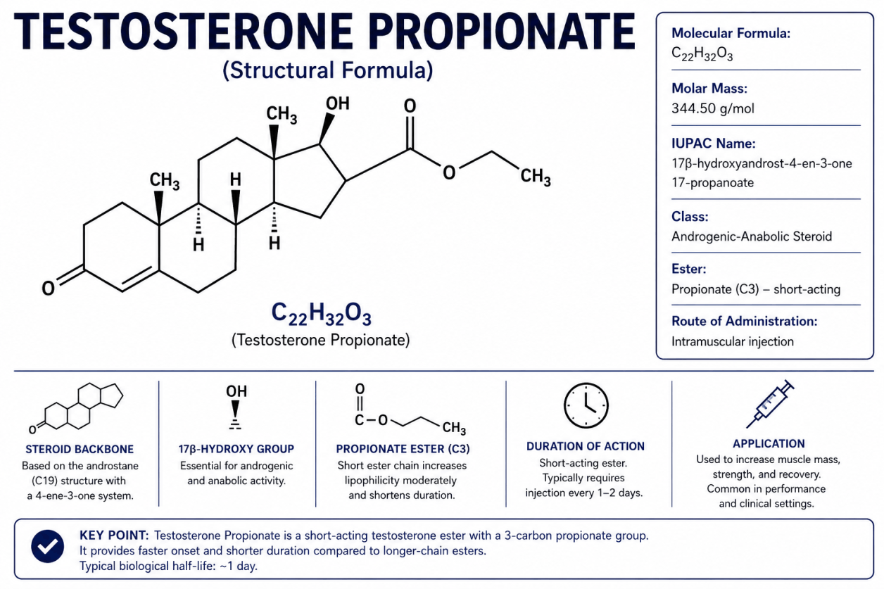 Structural formula of Testosterone Propionate, showing the molecular structure of the androgenic and anabolic steroid compound.