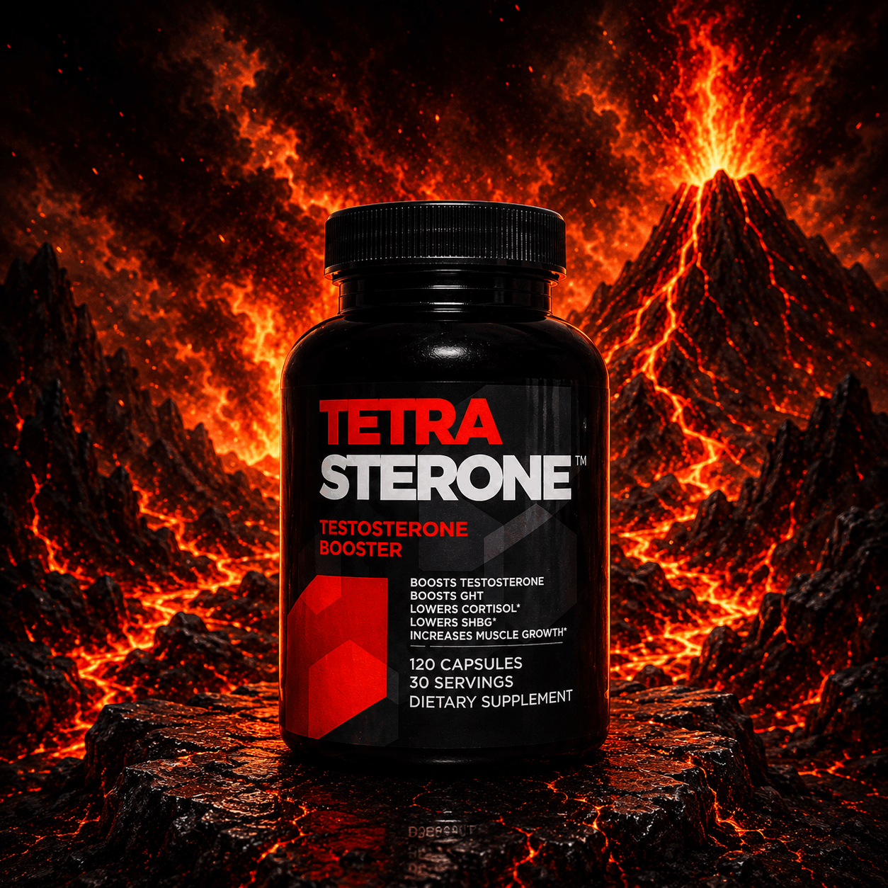 Tetrasterone premium supplement container from Drachensang with a red dragon logo – Advanced 4-ester capsule formula with vital minerals and co-factors for professional sports nutrition evaluation