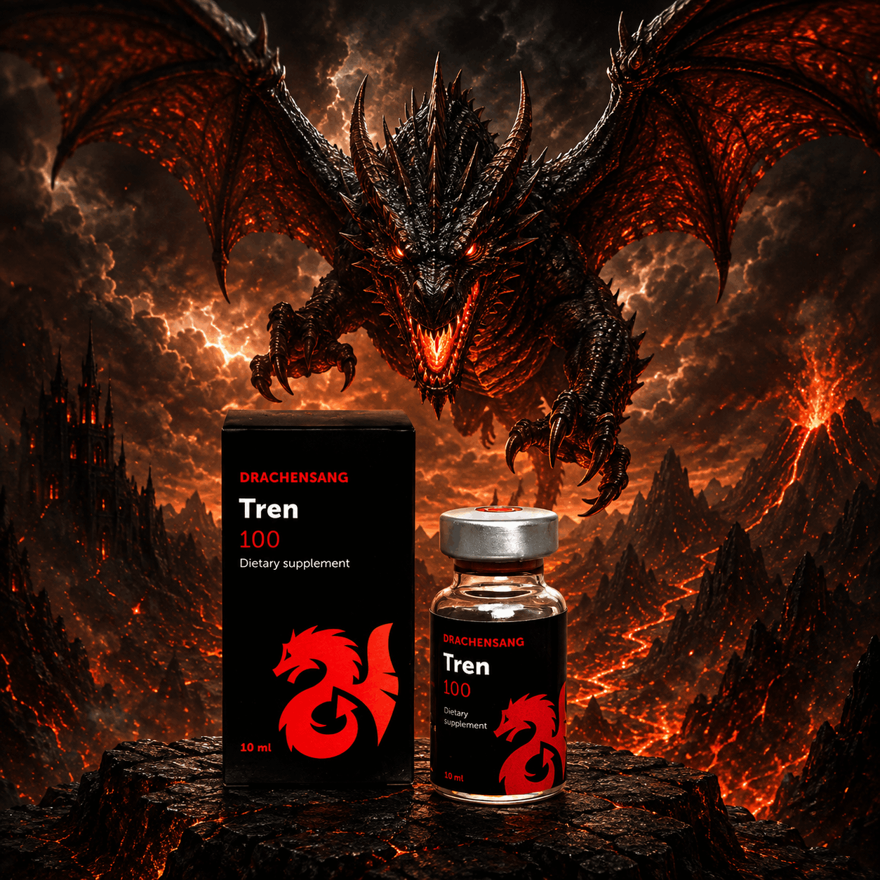 Tren 100 premium supplement container from Drachensang with a red dragon logo – High-purity fluid formula with specific mineral activators and co-factors for targeted sports nutrition evaluation