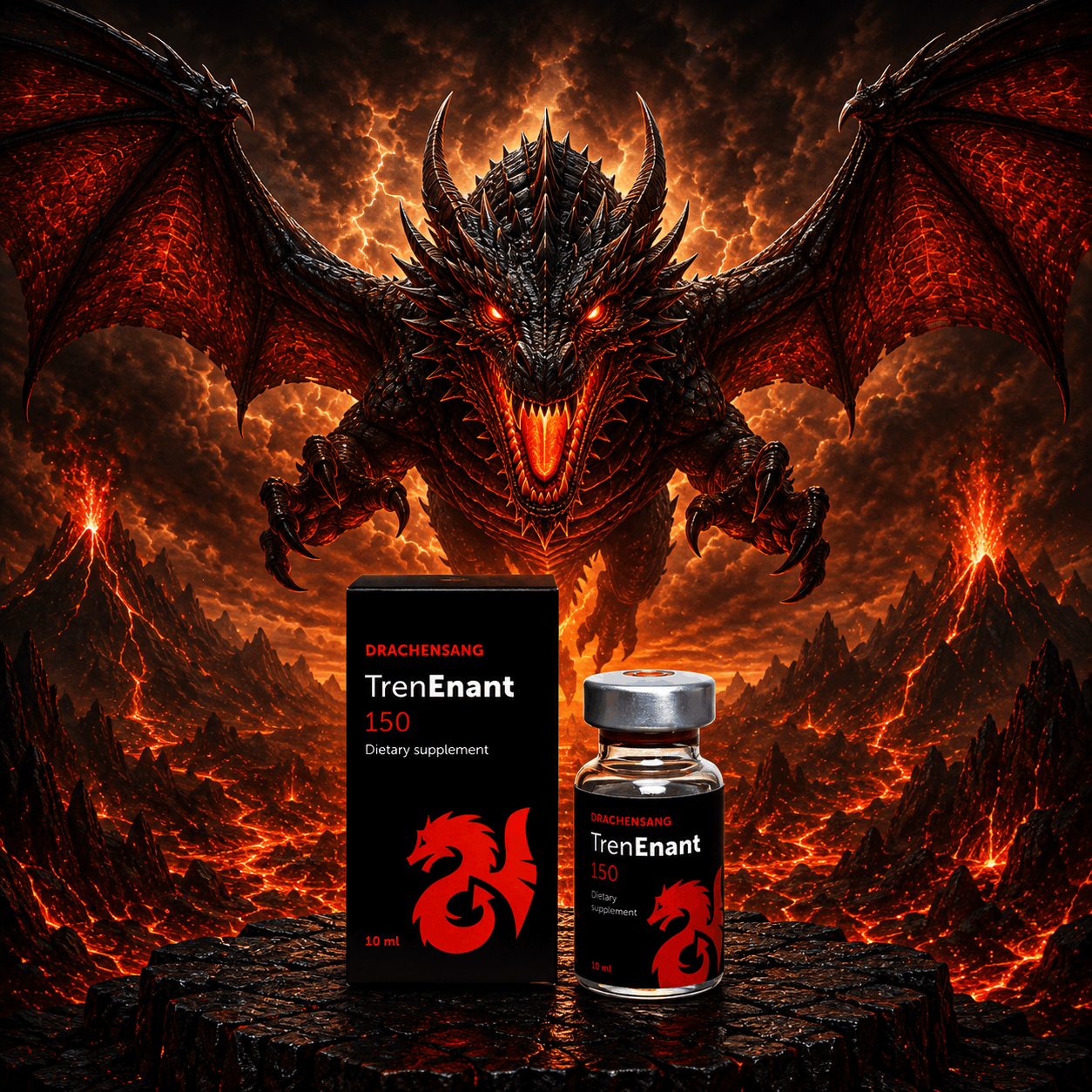 Tren Enant 150 premium supplement container from Drachensang with a red dragon logo – Long-acting fluid formula with zinc and tactical co-factors for targeted sports nutrition evaluation