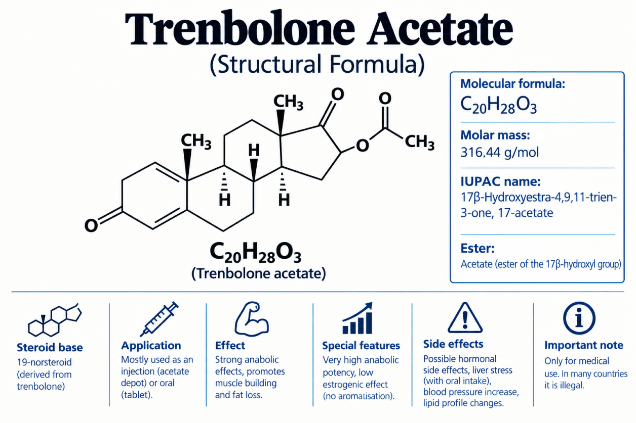 Structural formula of Trenbolone Acetate, an anabolic-androgenic steroid.