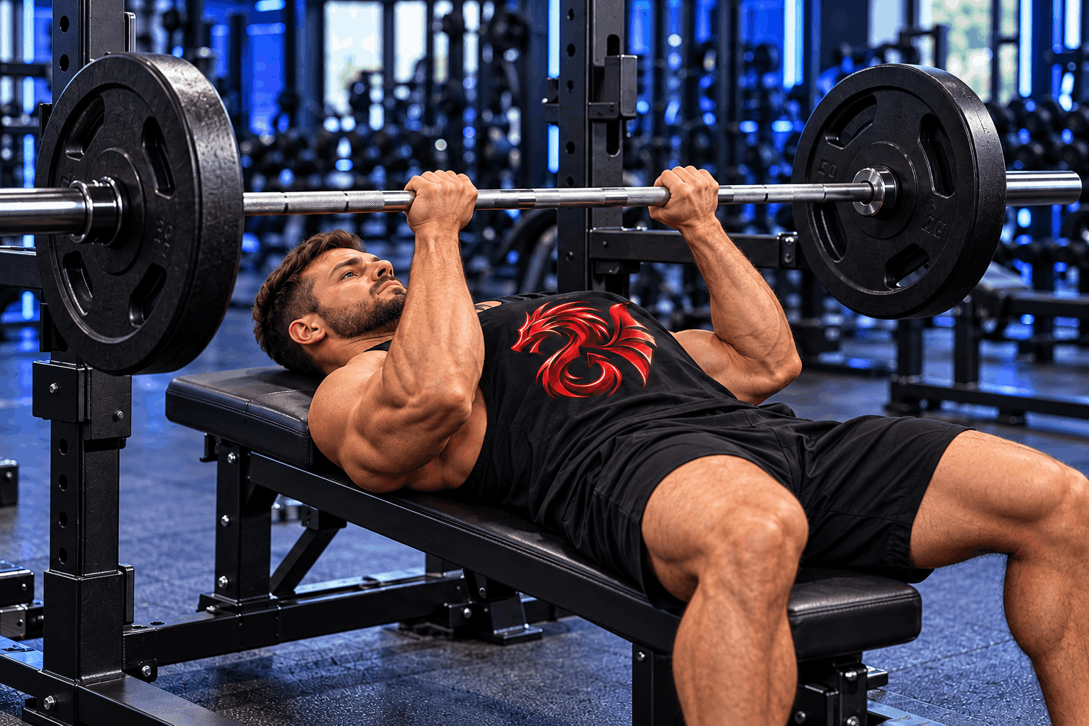 Muscular athlete performing a close-grip barbell bench press for triceps training in a modern gym with Royal Blue lighting – Drachensang Academy International.