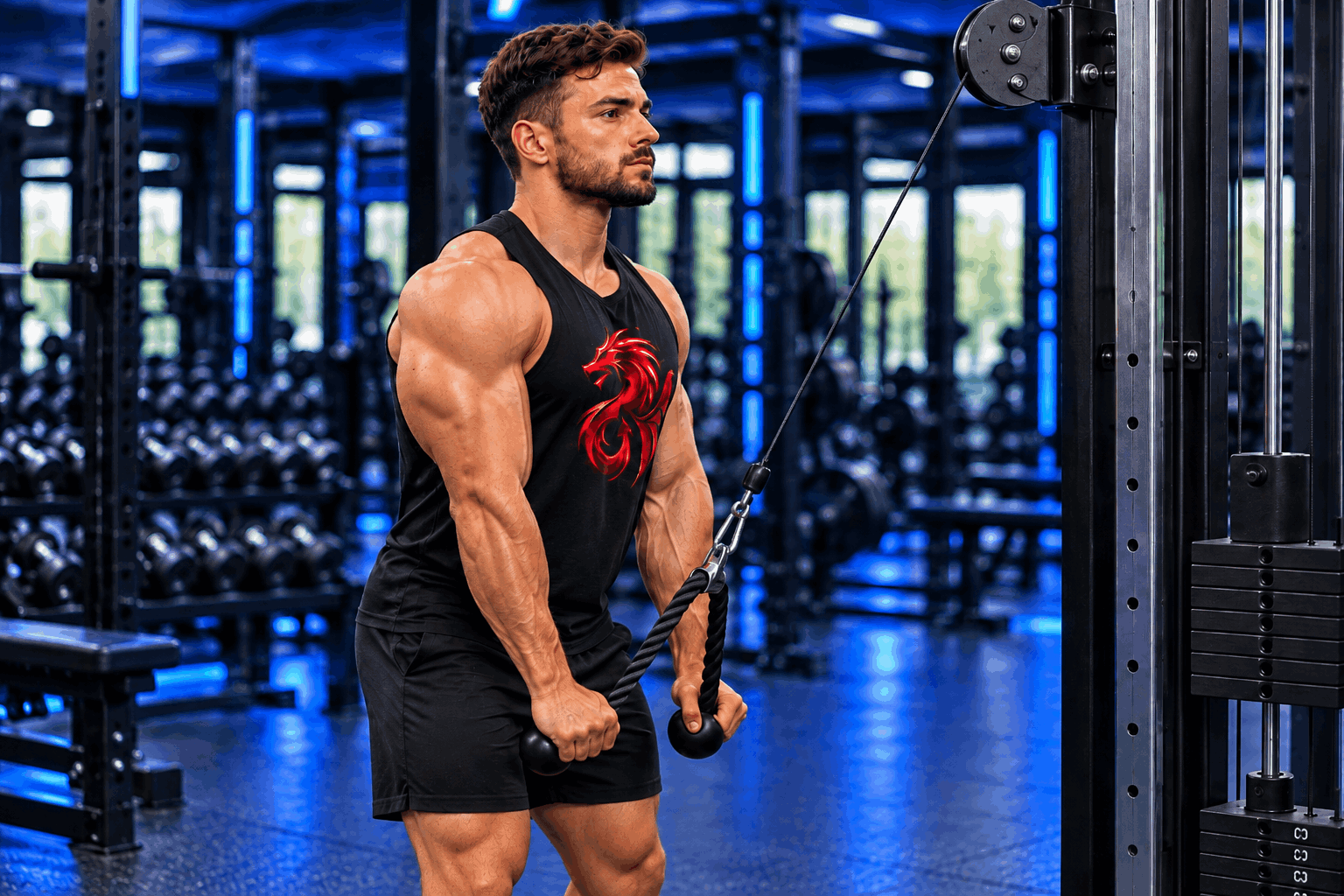 Muscular athlete performing rope triceps pushdowns on a cable machine in a modern gym with Royal Blue lighting – Drachensang Academy International.