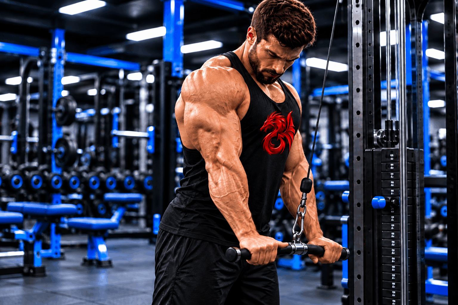 Muscular athlete performing a triceps pushdown at a cable machine in a modern gym with Royal Blue lighting – triceps training at Drachensang Academy International.