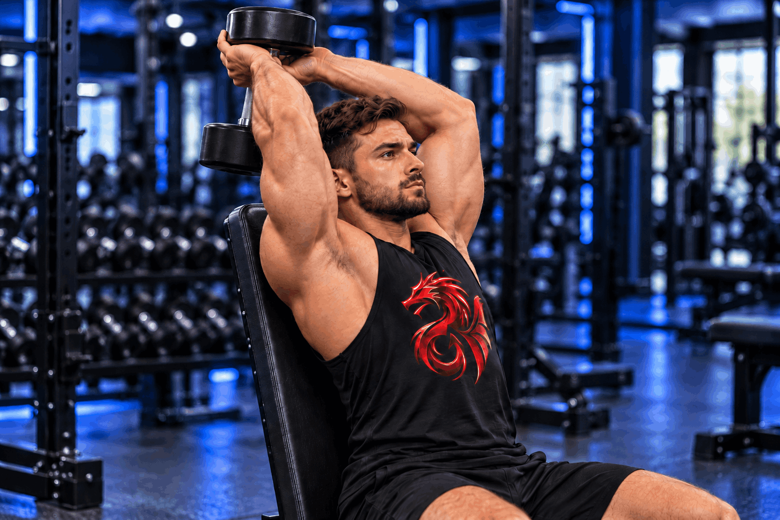 Muscular athlete performing a seated overhead dumbbell triceps extension in a modern gym with Royal Blue lighting – Drachensang Academy International.