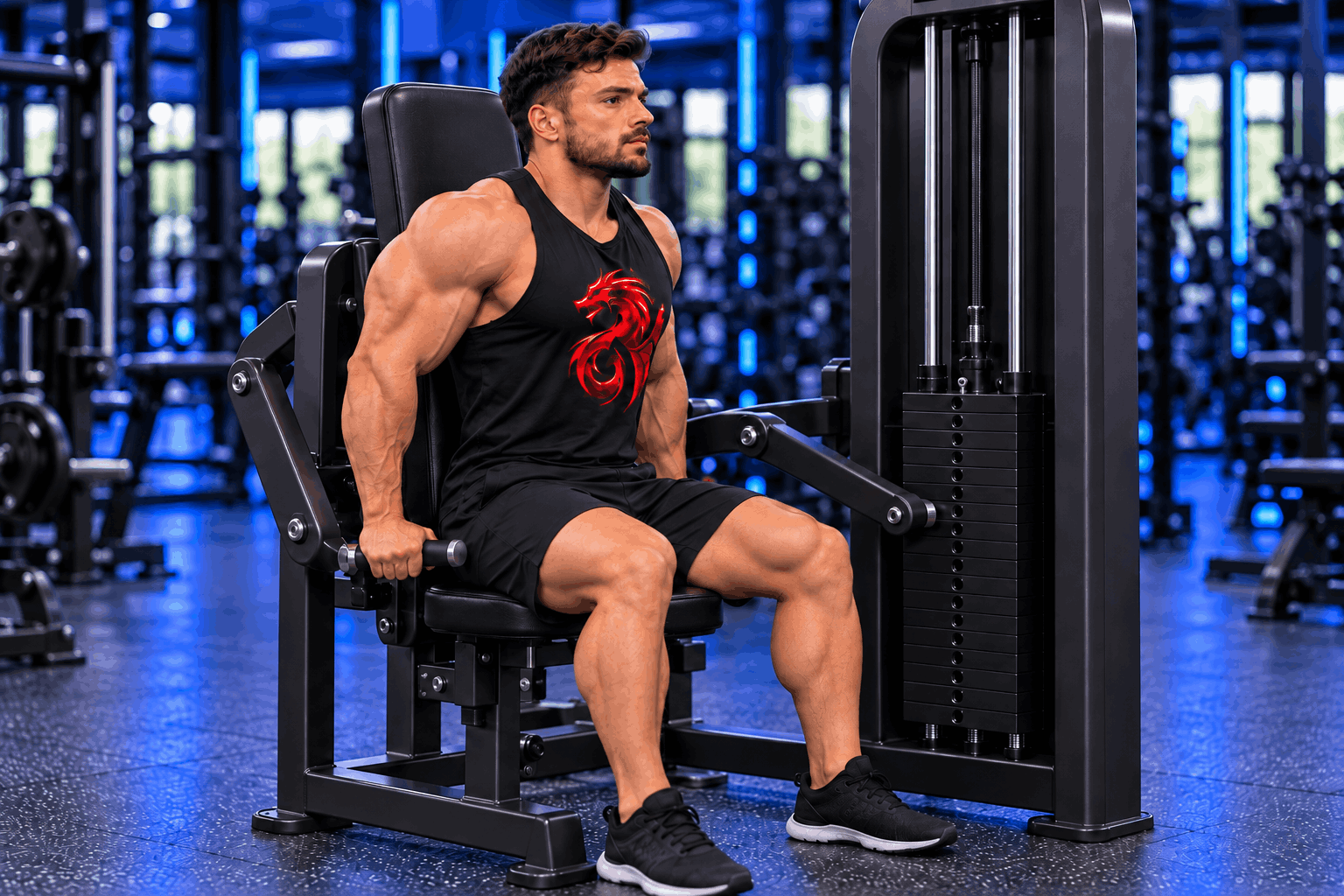 Muscular athlete performing seated triceps presses on a machine in a modern gym with Royal Blue lighting – Drachensang Academy International.